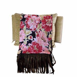 Floral Beaded Scarf Wrap 20 x 69 Black Red Green Coral with Fringe Boho Sheer